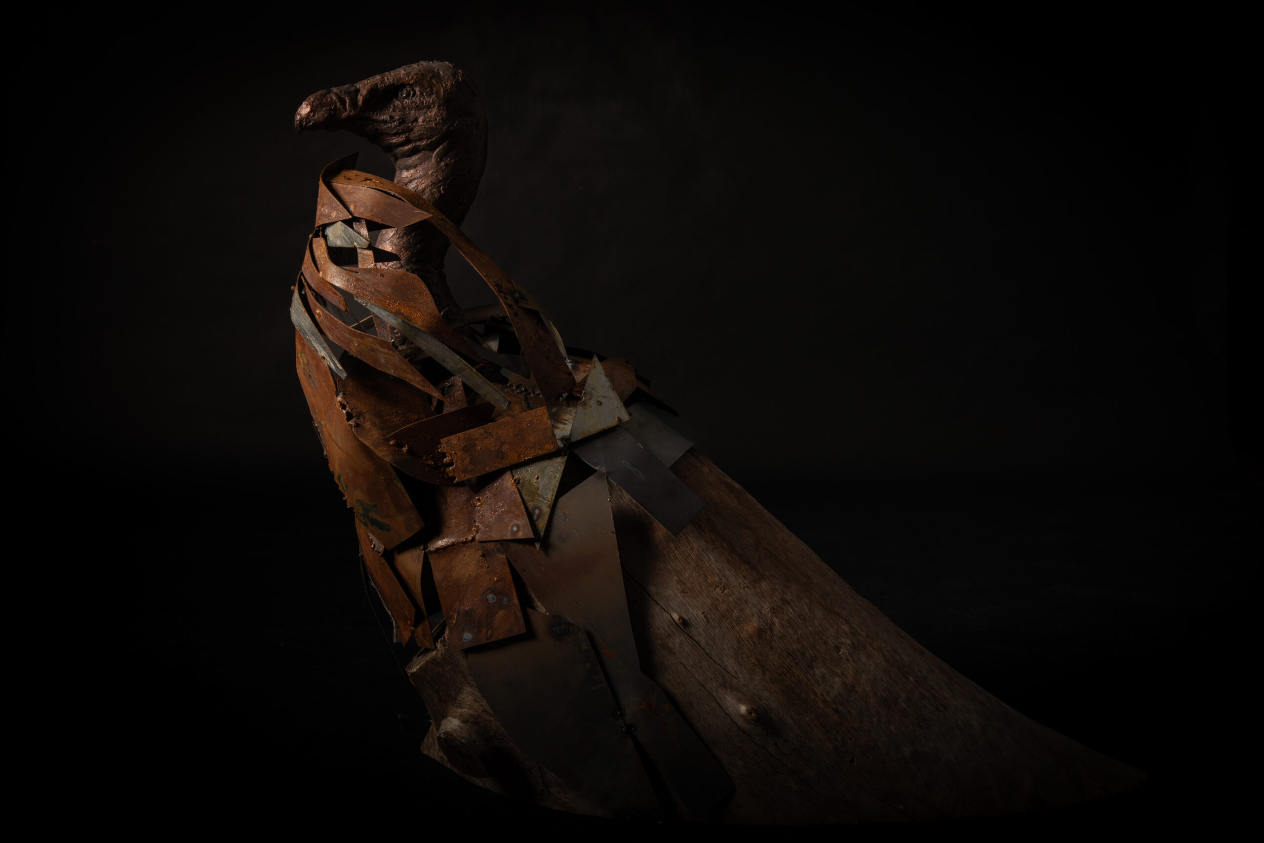 Escultura contemporánea de un buitre leonado en resina, metal y madera, obra de Darío Zoel